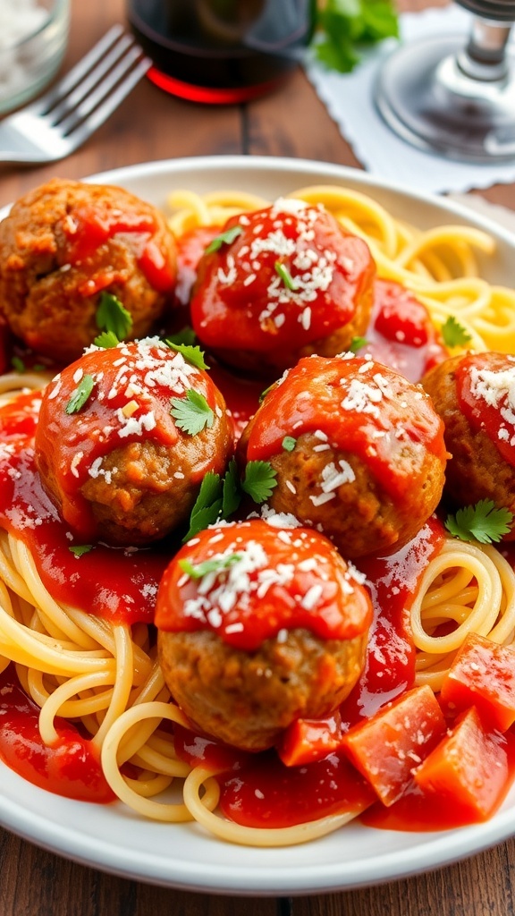Parmesan Meatballs Recipe A plate of Parmesan meatballs with marinara sauce and spaghetti, garnished with parsley and Parmesan cheese.